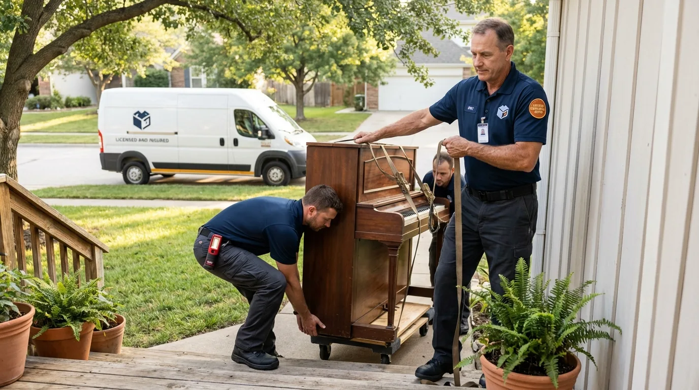 Licensed piano movers securing grand piano in Woodburn, IN