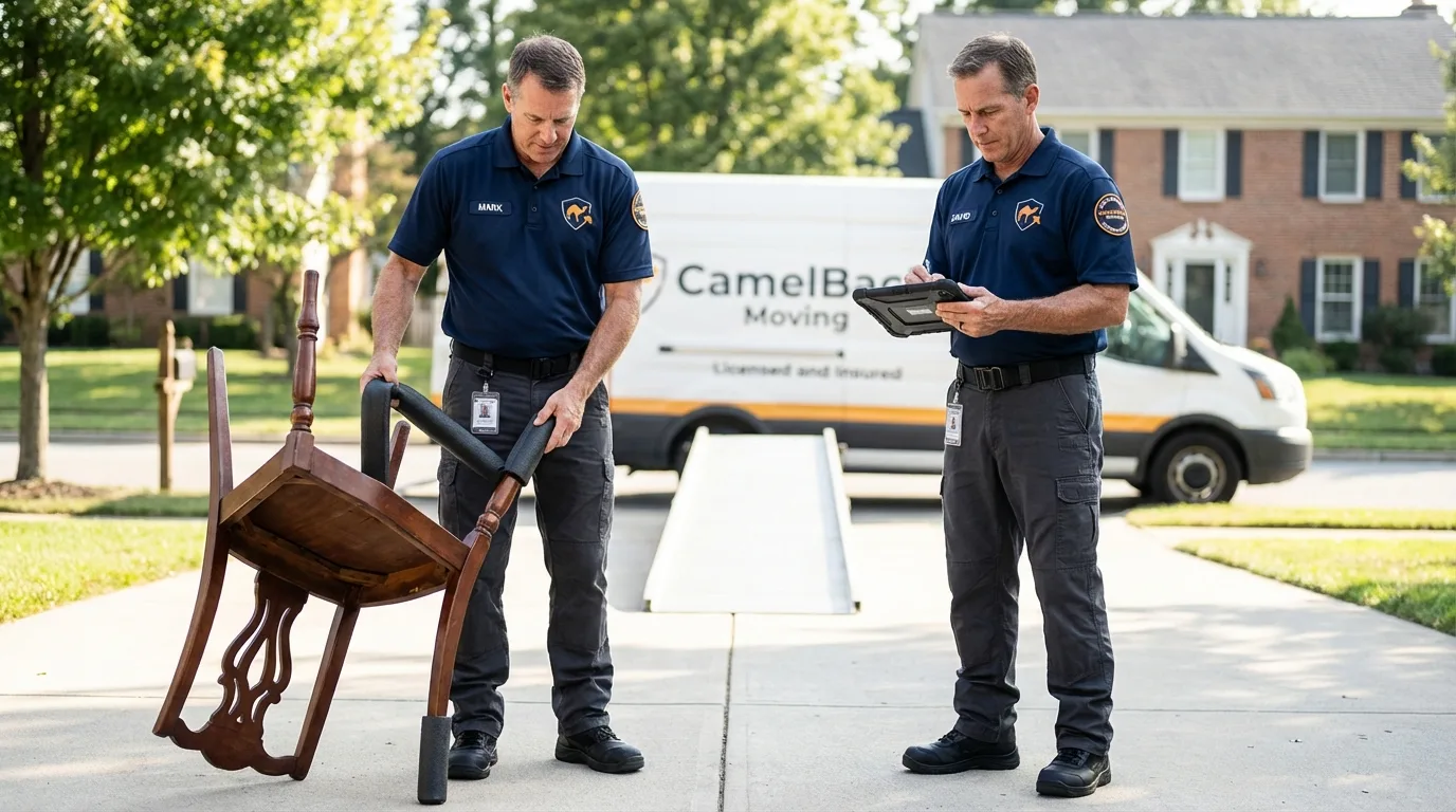 Movers inspecting furniture for damage prevention before loading in Woodburn, IN