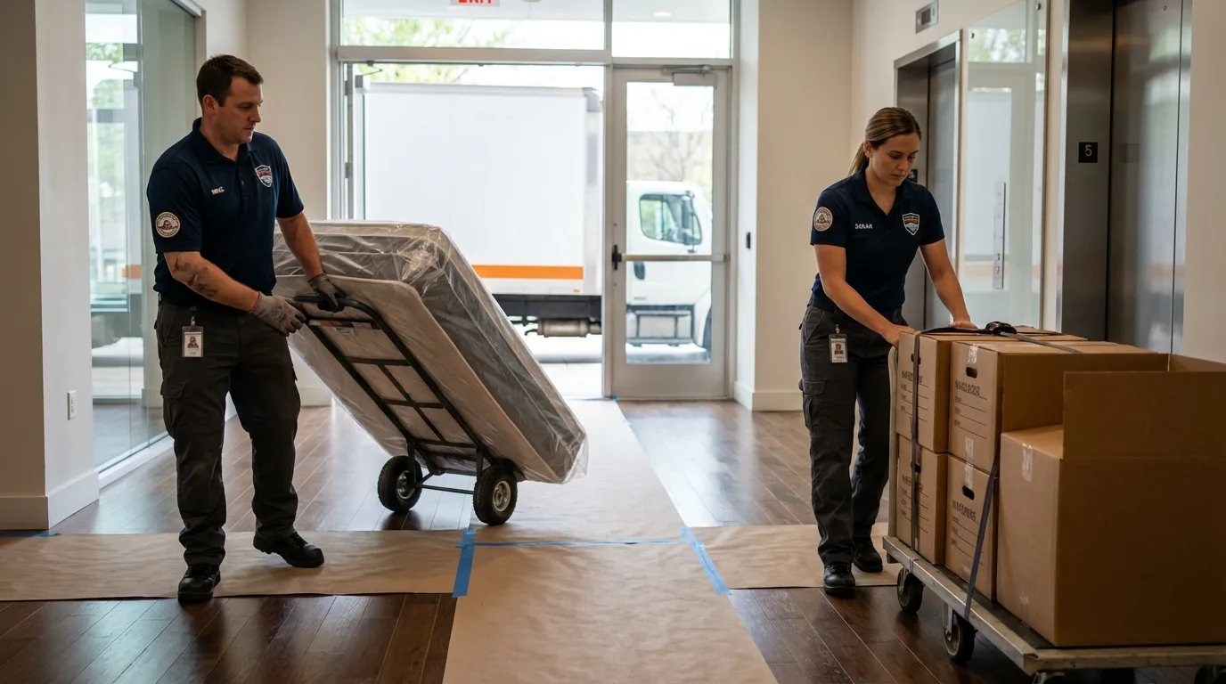 Professional apartment movers loading elevator in Woodburn, IN