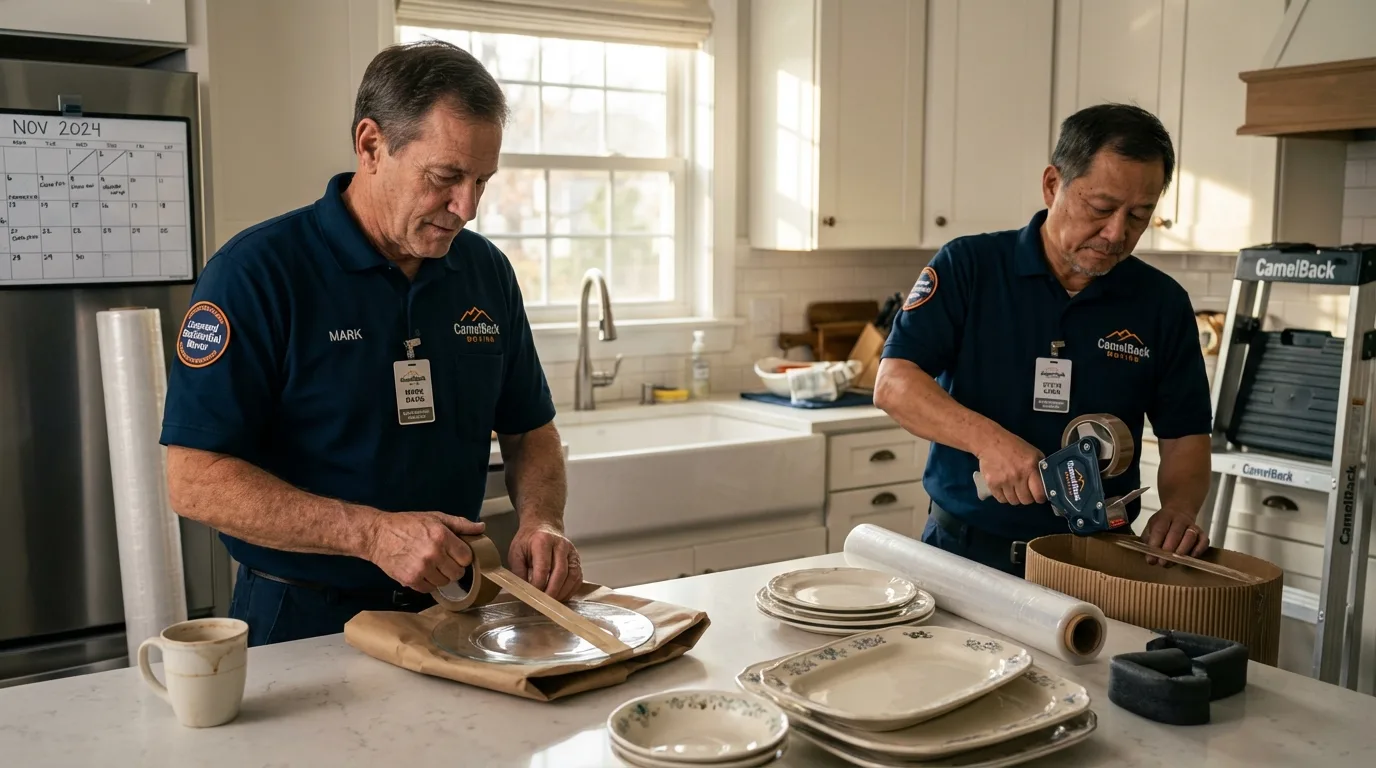 Professional crew packing kitchen dishware in Woodburn, IN